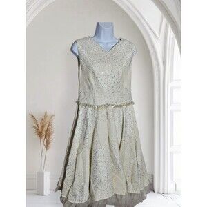 Talbot Runhof Womens 10 40 Cream Embellished Mesh Flared Sleeveless Midi Dress